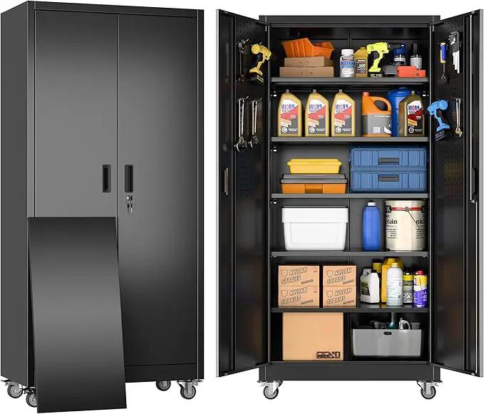 Garage Storage Cabinet with Wheels & Pegboard, 71" H×34" W×18" D Locking Metal Storage Cabinet with 2 Doors and 5 Adjustable Shelves for Garage Workshop Home, Black, Assembly Required by GreenHaven Gardens