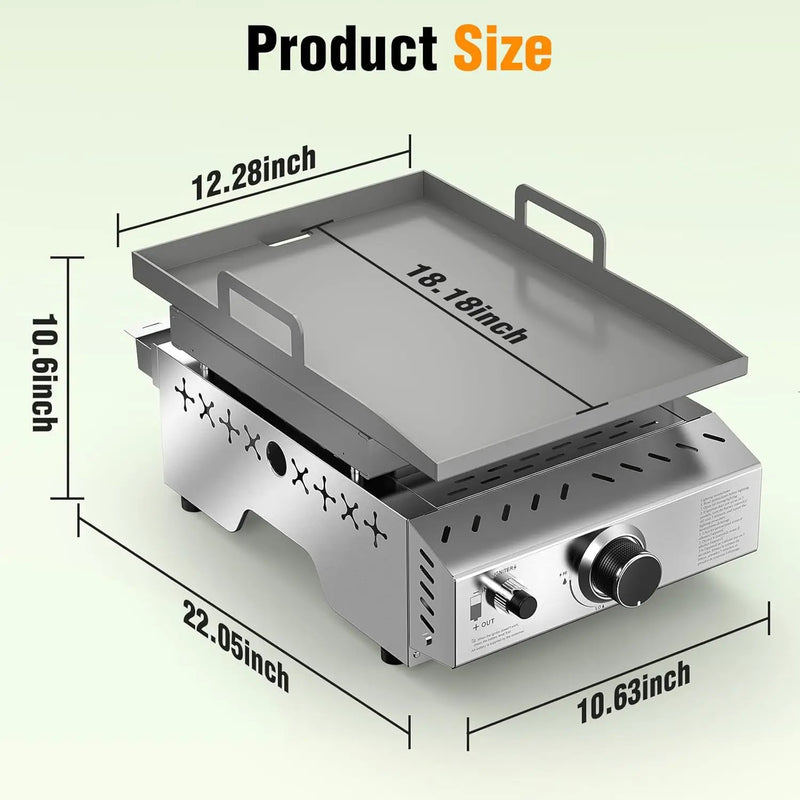 Stainless Steel Tabletop Grill,18 Inch Portable Propane Grill Griddle with Handle,8000 BTU Flat Top Grill for Camping, Outdoor & Tailgating Barbecue by GreenHaven Gardens