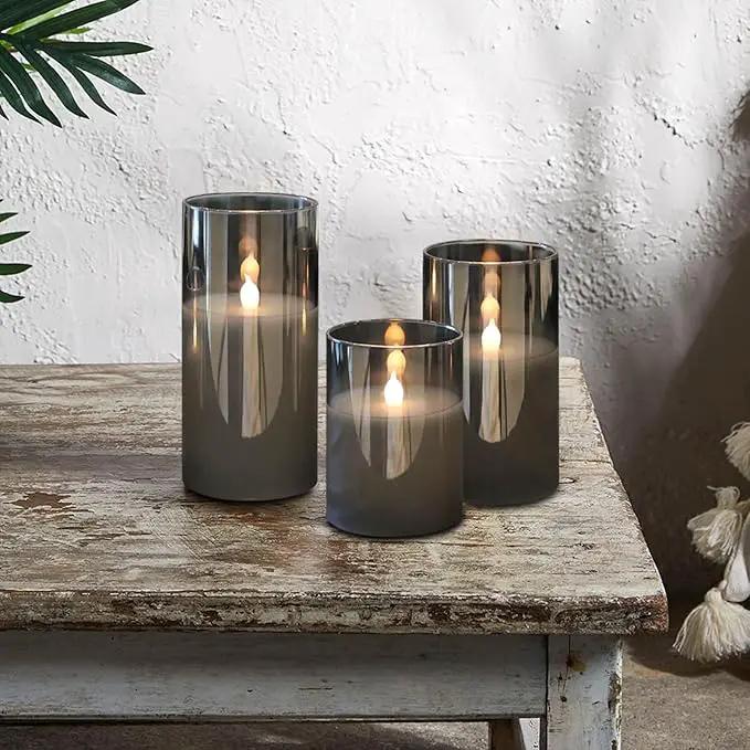 LED Flickering Candles with Remote Timer,Glass Flamless Pillar Candles Real Wax with 3D Wick Realistic,Warmth Decoration for Wedding Home Festival (Grey) by GreenHaven Gardens