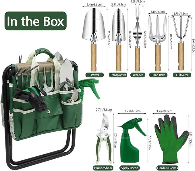 Garden Tool Set, 10 Piece Kit with Heavy Duty Folding Stool, Detachable Storage Tote Bag, Stainless Steel Tools, Gifts for Women Men Green by GreenHaven Gardens