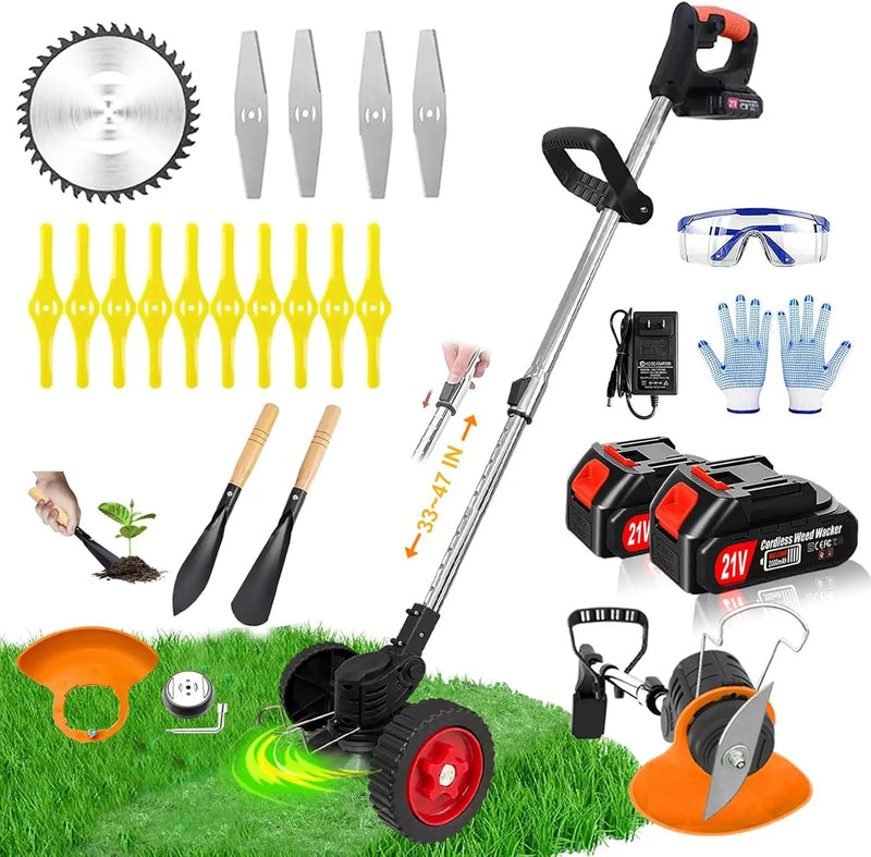 Electric Weed Wacker Eater Cordless Battery Powered, Weed Trimmer 21V Lightweight No-String with 2 Battery Operated & Wheels, 3 in 1 Stringless Grass Trimmer/Edger/Brush Cutter for Garden Yard Lawn by GreenHaven Gardens