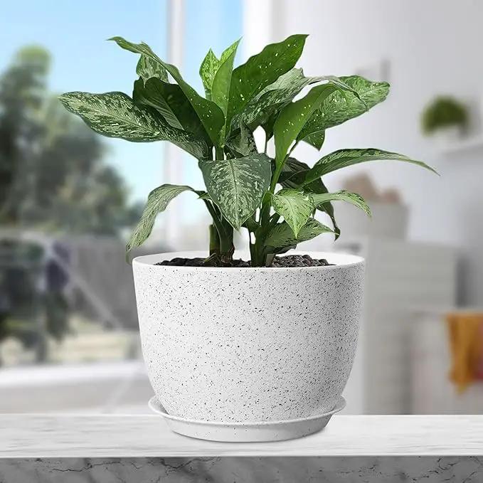 Plant Pots 12 inch, Plastic Planters with Drainage Holes and Saucers, Large Flower Pots for Indoor Outdoor Plants, Modern Decorative Pots for Garden House Plants, Speckled White by GreenHaven Gardens