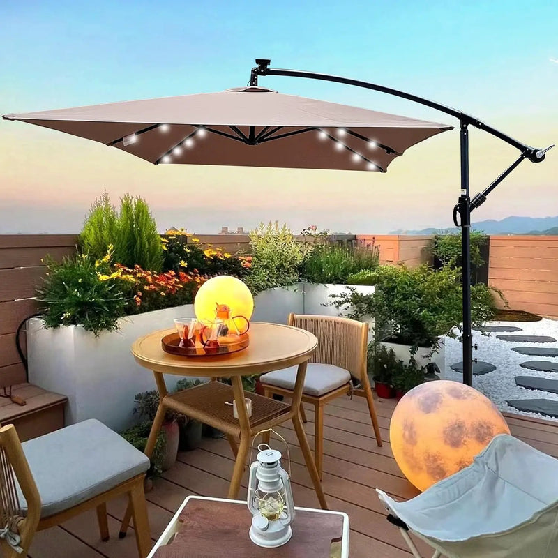 10x6.5FT Patio Umbrella, Outdoor Offset Umbrella with Cross Base and Crank, Rectangular Cantilever Umbrella with Solar Lights, Hanging Market Umbrella with 6 Rids for Pool, Deck, Backyard (Mushroom) by GreenHaven Gardens