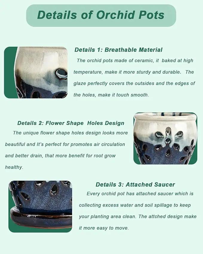 vensovo 4 Inch Ceramic Orchid Pots with Holes and Saucers - 2 Pcs Small Succulent Pot for Repotting, Garden Flowerpots for Plants Indoor and Outdoor Promotes Air Circulation (Blue, Blue Mixed) by GreenHaven Gardens