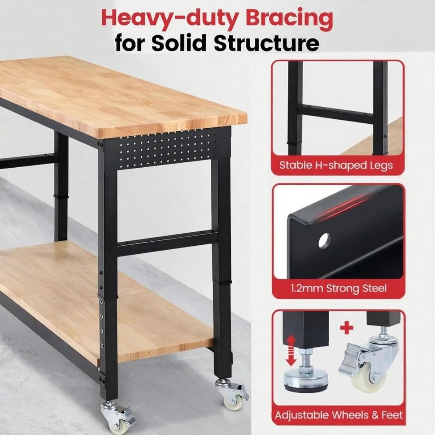 Work Bench with Double Layers 60 x 22 Inch Heavy Duty Rubberwood Tabletop Work Table Adjustable Height Workbench with Wheels, Sided Pegboard, Power Outlets for Garage Home Office by GreenHaven Gardens