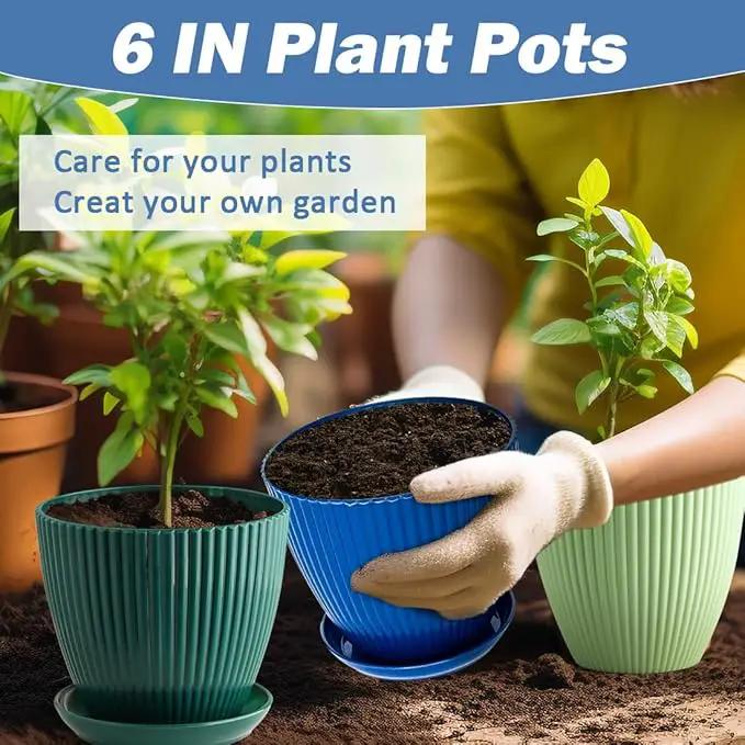 6 Pack Plant Pots with Drainage Holes and Saucers 6 Inch Plastic Planter with 3 Colors Indoor and Outdoor Flower Pots by GreenHaven Gardens