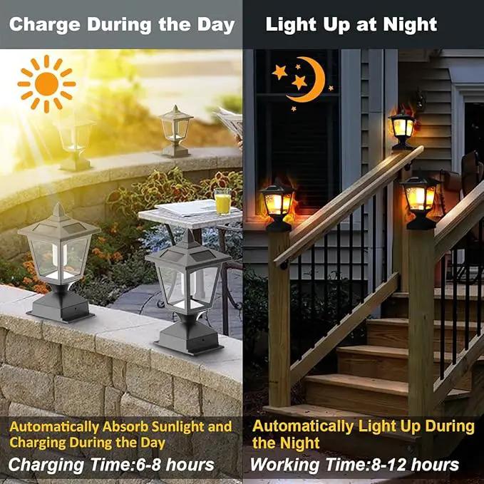 Solar Post Flame Light, Outdoor Deck Fence Post Cap Top LED Light wih Flickering Flame, Waterproof, 4x4 5x5 6x6, Outdoor Garden Firefly String Lights, 30 Leds, (Pack of 2) by GreenHaven Gardens