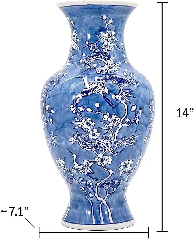 Galt International White & Blue Floral Crane Chinoiserie Ceramic Vase 14" - Hand Painted Antique Style Porcelain Bird & Flower Bottle Fishtail Porcelain Chinese Vase for Home Decor Centerpiece by GreenHaven Gardens