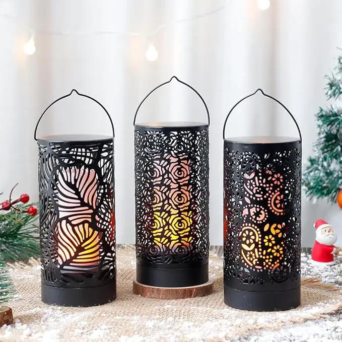 TRIROCKS Set of 3 LED Cordless Metal Lantern with Timer 7" H Moving Flame Lamp Battery Operated Breathing Lamp Floral Hollow LED Hanging Lighting for Indoor/Outdoor Patio Garden Party Gift by GreenHaven Gardens