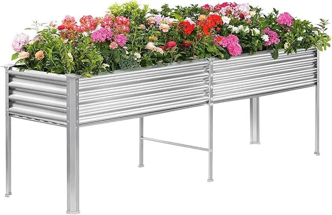 Land Guard Galvanized Raised Garden Bed with Legs, 96×24×32in Raised Garden Beds Outdoor with Drainage Holes, Planter Boxes Outdoor for Backyard, Patio, Balcony, 800lb Capacity, Silver by GreenHaven Gardens