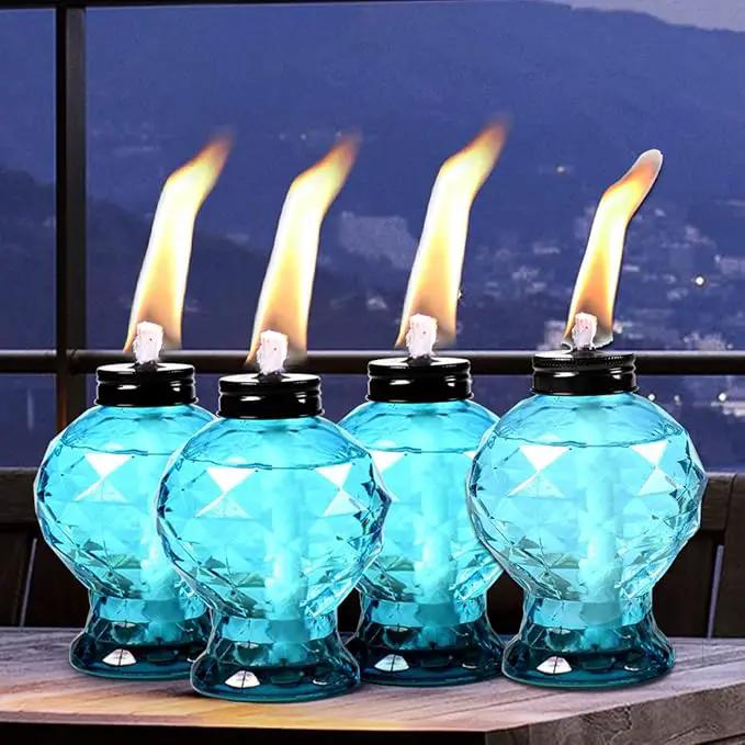 Tewei 4 Pack Blue Table Top Light Torches Outdoor, Mini Glass Torches Lanterns for Outside, Easy to Refill Citronella Torches for Garden Patio Yard Party by GreenHaven Gardens