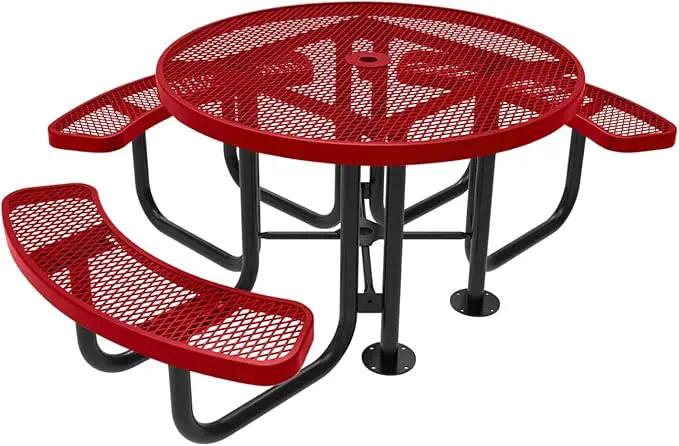 Coated Outdoor Furniture Heavy-Duty Portable ADA-Compliant Outdoor Picnic Table with Umbrella Hole, Expanded Metal Patio Dining Furniture Made in America (46" Round Top, Textured Red) by GreenHaven Gardens
