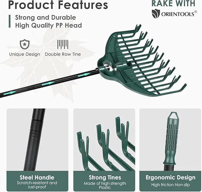 ORIENTOOLS 17Tines Double Row Garden Rake Set with 9Tines Leaf Hand Rakes, 272L Leaves Bin and Gardening Gloves for Scooping and Picking up Leaves, Clear and Collect Garden Rake Kit by GreenHaven Gardens