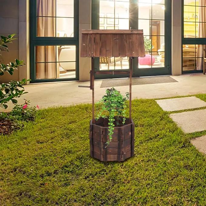 Wooden Wishing Well with Hanging Bucket, Outdoor Rustic Wishing Well Planter for Flowers and Plants, Well Covers for Yard, Garden Decor for Outside by GreenHaven Gardens