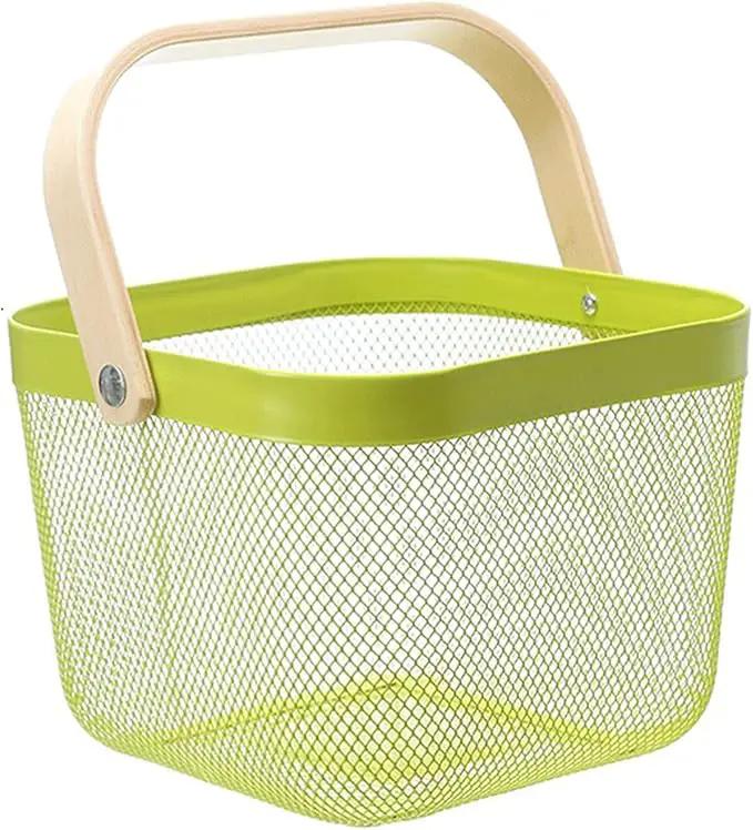 Metal Mesh Steel Basket, Storage Organizer Basket Multi-functional Hanging Kitchen Baskets Fruit Basket with Wooden Handle for Kitchen Bathroom Picnic Shopping Decor Cabinet Home, Macaron Green by GreenHaven Gardens