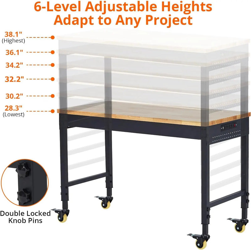 60'' Adjustable Workbench, Heavy Duty Workbench with Power Outlet and Lockable Wheels, 2000 LBS Capacity, Work Table Suitable for Office, Garage, Workshop by GreenHaven Gardens