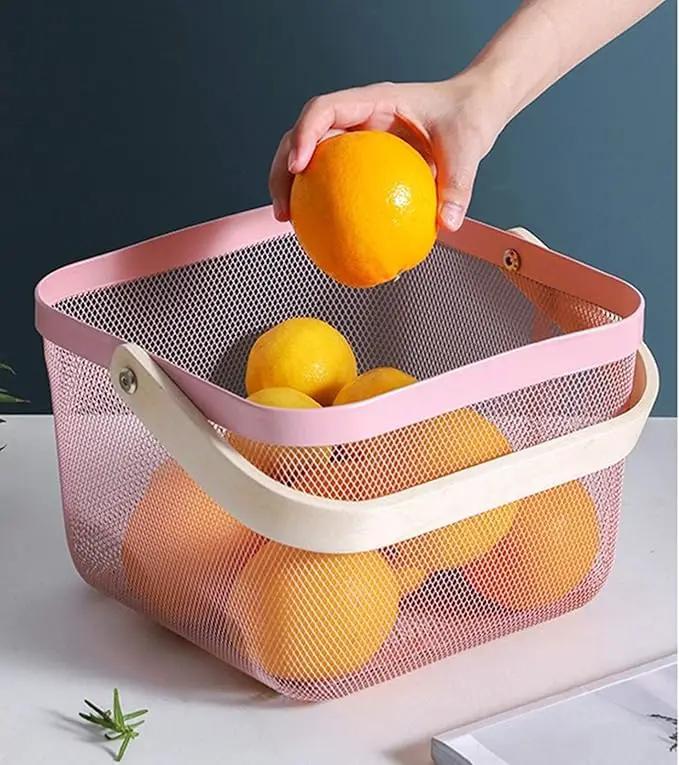 Metal Mesh Steel Basket, Storage Organizer Basket Multi-functional Hanging Kitchen Baskets Fruit Basket Bin with Bamboo Handle for Kitchen Bathroom Picnic Shopping Decor Cabinet Home, Pink by GreenHaven Gardens