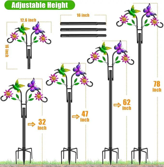 Double Shepherds Hooks for Outdoor, 78 Inch Artistic Hummingbird & Flower Design, 5 - Prong Base, Ideal for Bird Feeders, Baskets & Lanterns (2 Pack) by GreenHaven Gardens