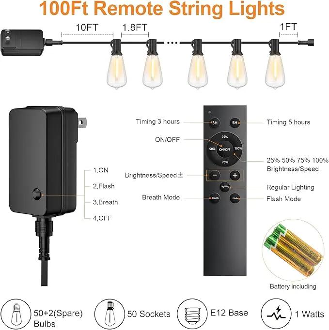 100FT Remote Outdoor String Lights for Outside, 50+2 LED Waterproof Shatterproof Edison Dimmable Timer Bulbs, 2500K Warm White Patio Lights for Garden Backyard Yard Hanging Lighting by GreenHaven Gardens