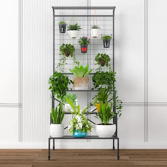 Zhongma 3 Tier Large Heavy Duty Plant Stand with wheels, Tall multi layer Plant Holder with Hanging Plant pot shelf, 35.43 x 33.27 x 80.7inch, Each Tier: 35.43 L x 10.5W, Easy to Hold Large Plant Pot by GreenHaven Gardens