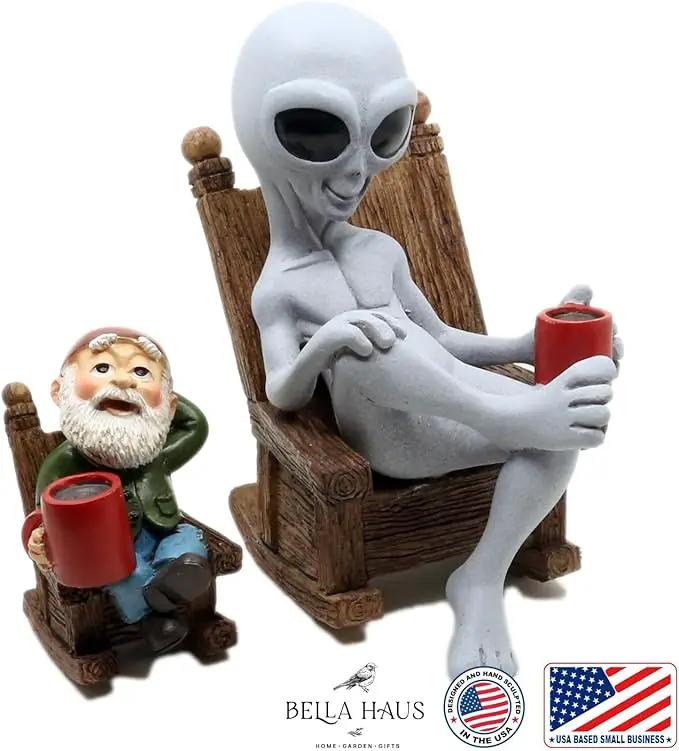 Andre' & Fritz | Celebrating Friendship with a Morning Cup of Coffee | Whimsical Extraterrestrial Outdoor Decor | Garden Statue 2pc Resin Set 6.25”/ 3.50” Tall (Coffee with Friends) by GreenHaven Gardens