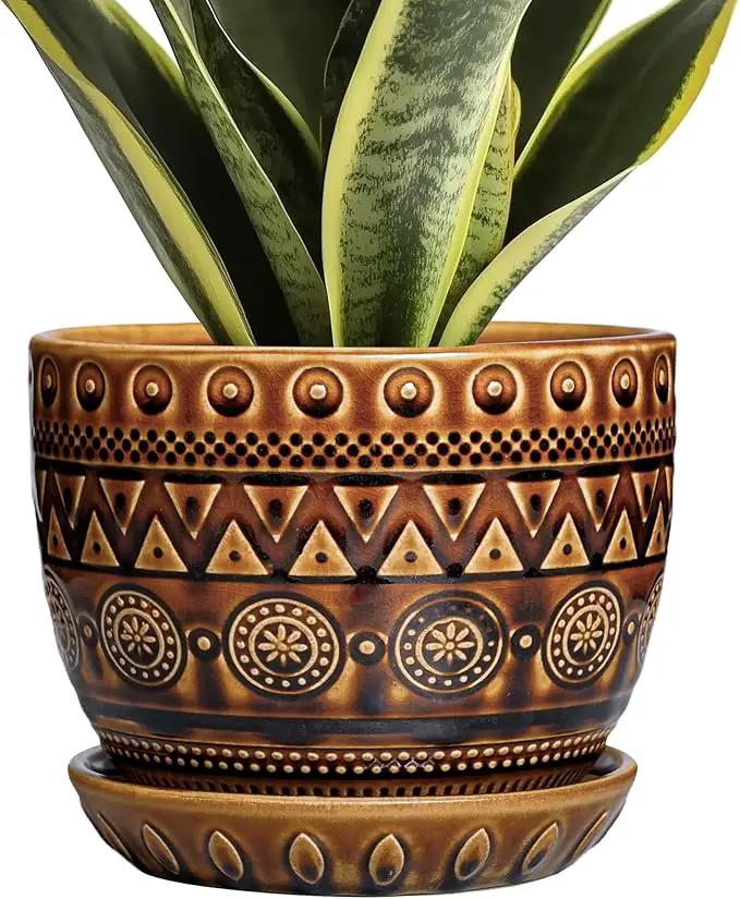 G EPGardening Ceramic Pot for Plants 5.5 Inch - Ceramic Plant Pot with Drainage Hole and Saucer, Boho Round Planter for Indoor Outdoor Plants, Plant Lover Gifts, Office Garden House Decor, Brown by GreenHaven Gardens