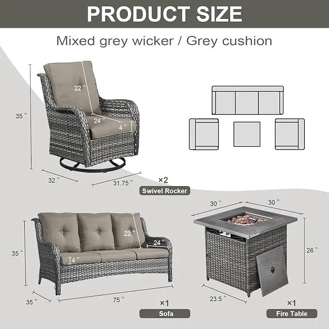 Outdoor Patio Furniture Set with 50000BTU Propane Fire Pit Table, 4 Pieces Wicker Patio Conversation Set with 2 Swivel Rocker Glider Chairs Rattan Sofa Grey Cushion Perfect for Gathering by GreenHaven Gardens