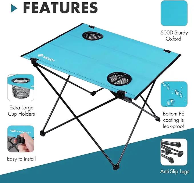 VILLEY Folding Camping Table, Lightweight Portable Beach Table with 2 Cup Holders & Carry Bag for Camping, Beach, Fishing, Travel, and Outdoor Activities (Large) by GreenHaven Gardens