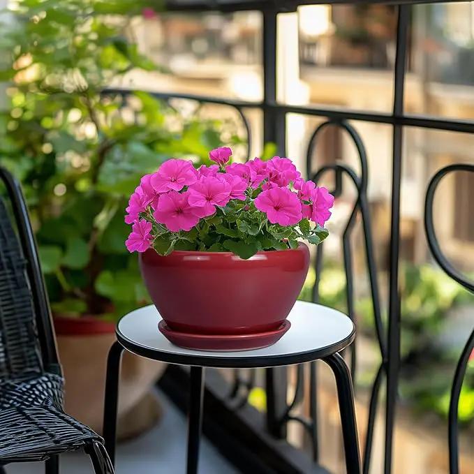 Ceramic Plant Pot 9 Inch - Planter Pot with Drainage Hole and Saucer, Round Large Planter for Indoor Plants, Outdoor Flower Pot for House Patio Decor, Red by GreenHaven Gardens