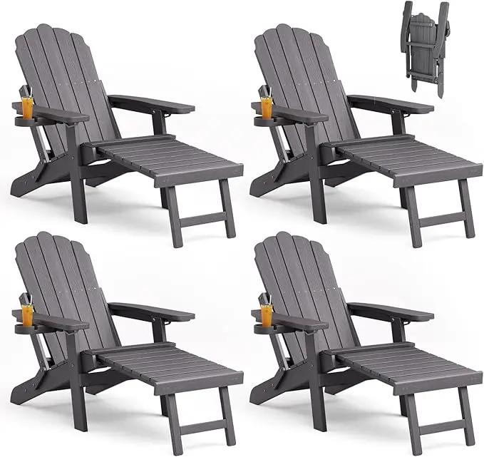 Folding Adirondack Chair Set of 4 with Adjustable Backrest, Adirondack Chair with Retractable Ottoman with 2 Cup Holders, for Pool Deck Beach Garden, Grey by GreenHaven Gardens