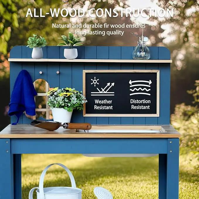 Kids Potting Bench Table Garden Workbench Outdoor Kids Garden Double-Layer Planting Table with Drawing Board Removable Sink,Wood Outdoor Play Kitchen for Toddlers,Backyard and Porch Blue by GreenHaven Gardens