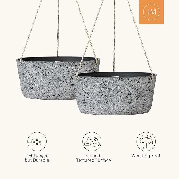 La Jolie Maison Large Hanging Planters - 12 Inch Outdoor Flower Pots, Rock Gray Hanging Garden Planters Set of 2 by GreenHaven Gardens