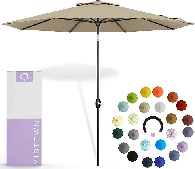 Midtown Umbrellas 10-Year-No-Fade - 9 Ft - UV Proof Beige Polyester Fabric - Umbrella Outdoor Patio, Auto-Tilt Aluminum Frame Patio Umbrella for Garden, Pool & Deck - Black Pole by GreenHaven Gardens