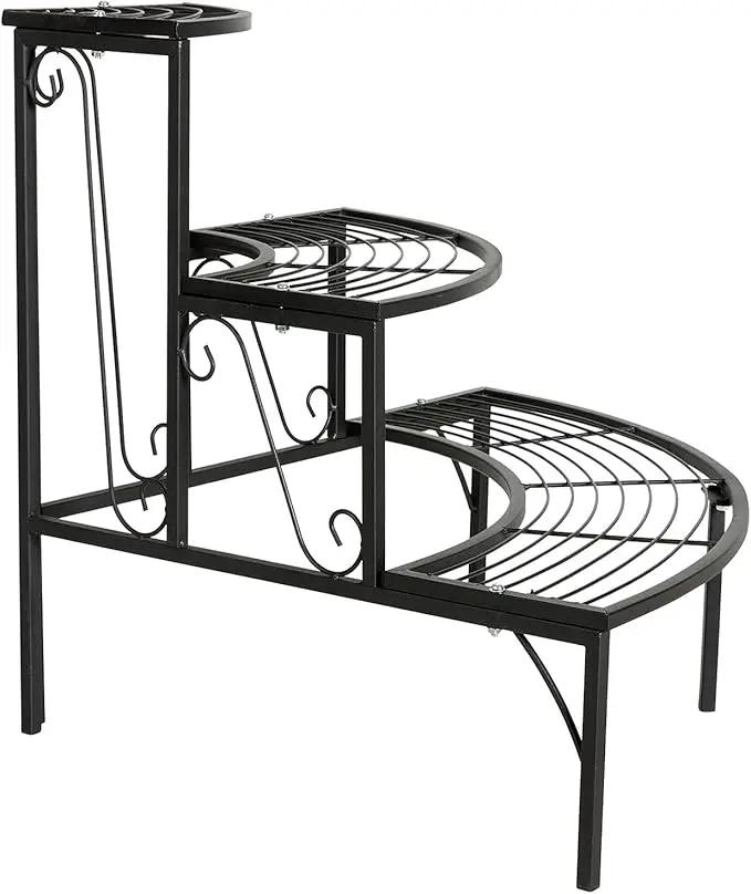 DOEWORKS 3 Tier Plant Stand Flower Pot Rack, Quarter Round Plant Corner Shelf Planters Display Holder orchid shelves for Indoor Outdoor Use, Black by GreenHaven Gardens