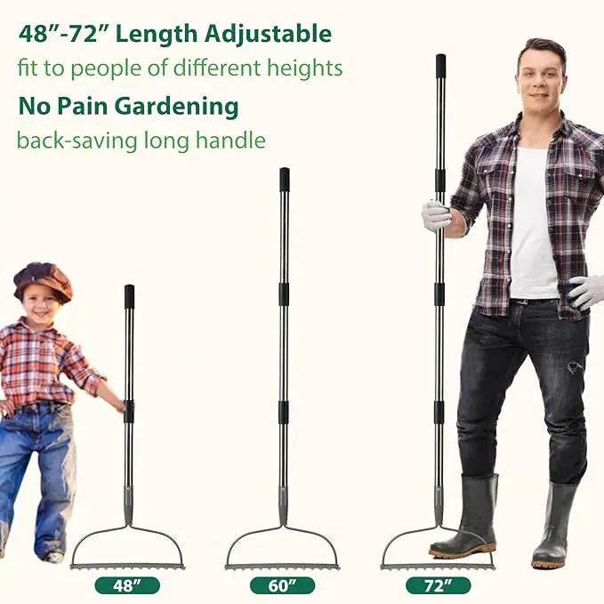 Garden Rake, 6 FT Bow Rakes for Lawns Heavy Duty, Yard Metal Rake with Adjustable Long Handle, 14 Tines Head, Gardening Tool for Loosen Soil, Gather Leaves, Level Mulch, Remove Debris by GreenHaven Gardens