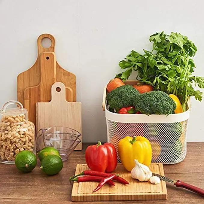Metal Mesh Steel Basket, Storage Organizer Basket Multi-functional Hanging Kitchen Baskets Fruit Basket Bin with Bamboo Handle for Kitchen Bathroom Picnic Shopping Decor Cabinet Home, Beige by GreenHaven Gardens