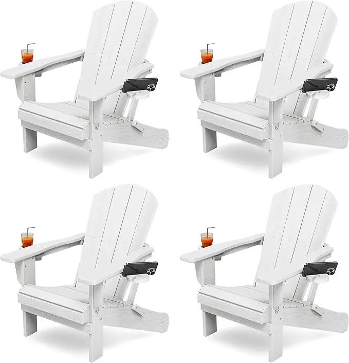 KINGYES Folding Adirondack Chair Set of 4, Dual Cup Holders & All-Weather HDPE, Wood-Like Patio Chair for Backyard, Camping, Pool & Fire Pit, White by GreenHaven Gardens