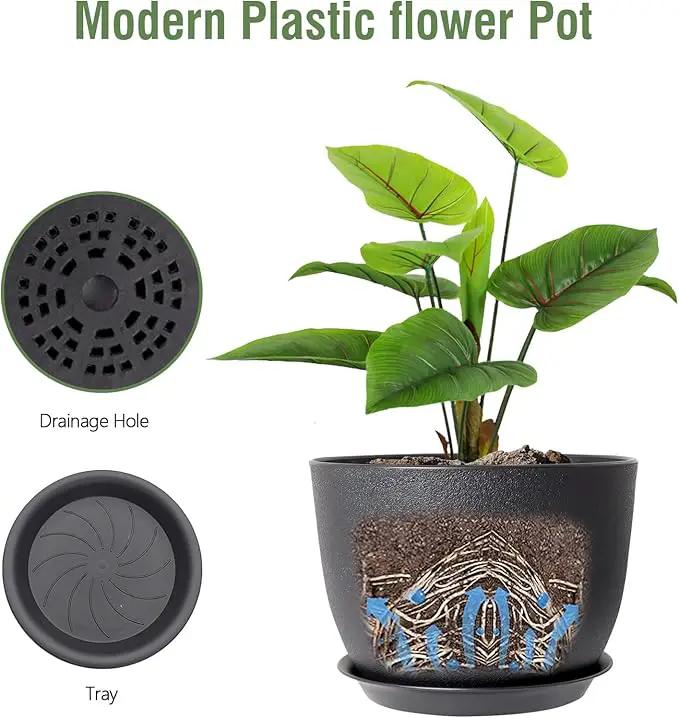 12 inch Large Plant Pots, Plastic Planters with Drainage Holes and Saucers, Flower Pots for Indoor Outdoor Plants, Modern Decorative Pots for Garden House Plants, Black by GreenHaven Gardens