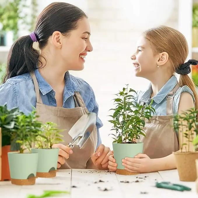 7/6.5/6/5.5/5/4 inch Self Watering Pots for Indoor Outdoor Plants, 6 Pack Plastic Flower Planters with Drainage Holes and Removable Saucers, Plant Pots with Wicking Rope, Green Brown by GreenHaven Gardens