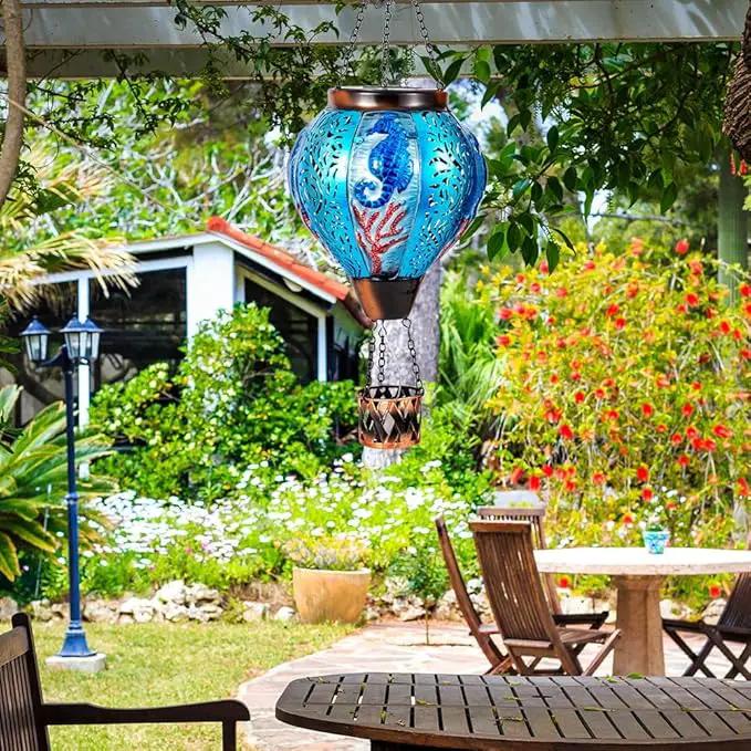 Seahorse Solar Hot Air Balloon Lantern with Flame Flickering Metal Hot Air Balloon Solar Lanterns Outdoor Waterproof Hanging Outdoor Lights for Yard,Patio,Garden Decor Birthday Gift for Women by GreenHaven Gardens
