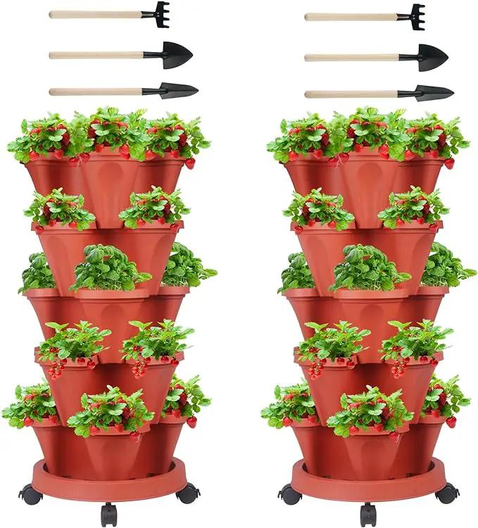 Vertical Planter 5 Tier Stackable Planters Garden Planters Strawberry Herb Flower and Vegetable Planter Indoor Outdoor Gardening Pots with Removable Wheels and Tools 2-Pack by GreenHaven Gardens