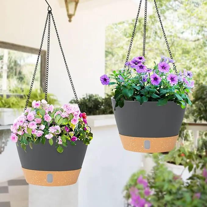 QCQHDU 2 Pack 8 inch Hanging Planters for Indoor Plants, Outdoor Hanging Baskets, Self Watering Pots with Drainage Holes & Removable Tray (Dark Grey, 8 inch) by GreenHaven Gardens