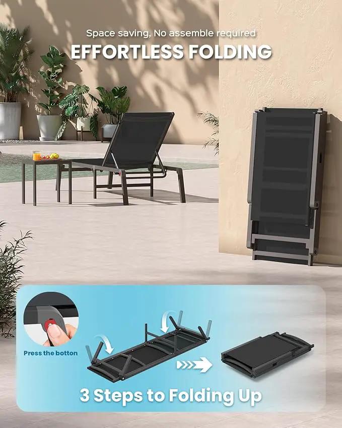 Chaise Lounge Outdoor, Foldable Aluminum Pool Lounge Chairs with 5 Positions Recliner - Free Assembly - Patio Chaise Lounge Chair for Poolside, Beach, Yard (Black) by GreenHaven Gardens