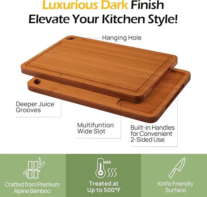 Butcher Block 2-Pcs Carbonized Bamboo Cutting Board Set With Juice Groove For Meal Prep & Cheese Serving - Ideal Kitchen Gift Set of 2 (M+L) by GreenHaven Gardens