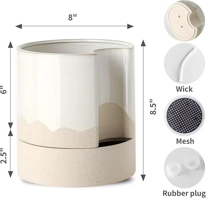 Nihow Self Watering Plant Pot: 8 Inch Ceramic Planter with Drainage Hole & Water Storage Plus for Indoor & Outdoor Plants - Cylinder Round Flower Pot for Succulent/Herbs/Violets - White & Wave Nature by GreenHaven Gardens