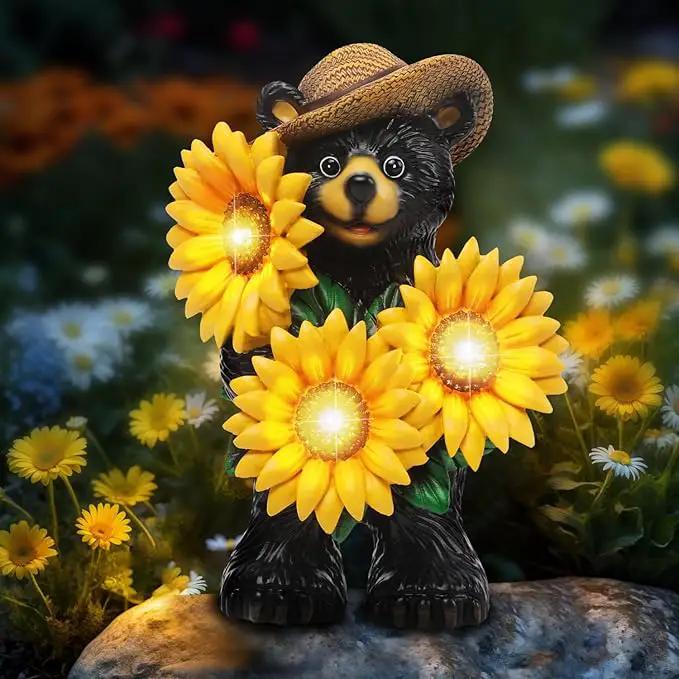 Bear Statue with Sunflowers LED Light 7.2" Solar Lamp Outdoor Garden Patio Yard Porch Lawn Decor Waterproof Resin Black Bear Figurine Unique Garden Gifts for Women Mom Grandma Sister by GreenHaven Gardens