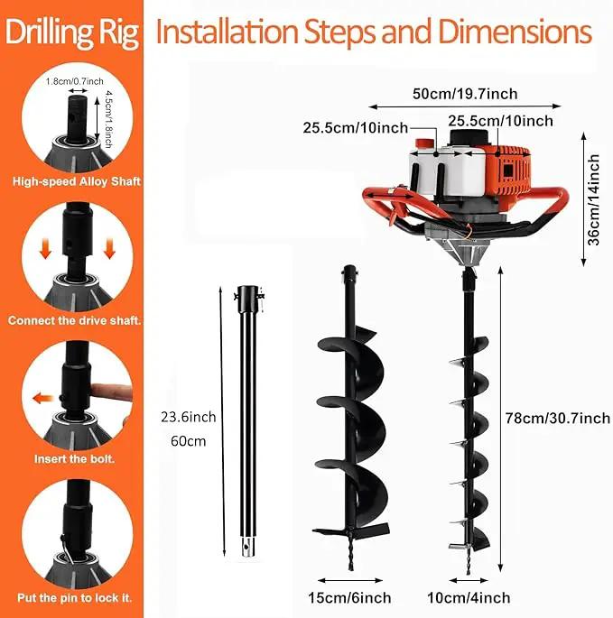 62cc 2.8HP Post Hole Digger Gas Powered, Gas Earth Auger/Ice Auger, with 2 Drill Bits 3"/6"/8" + 3 Extension Bar, One Man Earth Auger for Planting Fence, EPA Compliant Post Hole Auger by GreenHaven Gardens