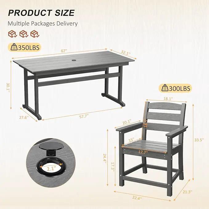 7pcs Outdoor Dining Set, HDPE Patio Dining Set for 6, All-Weather Outdoor Table and Chairs with Umbrella Hole & Adjustable Pads, Modern Patio Furniture Set for Backyard, Poolside &Lawn (Grey) by GreenHaven Gardens