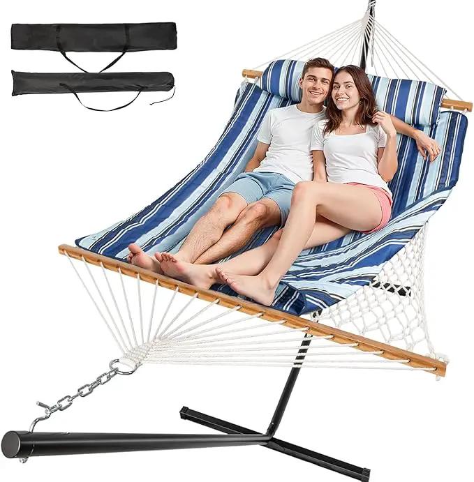 2 Person Outdoor Hammock with Stand, Cotton Rope Hammock with Polyester Pad, Adjustable Steel Frame, Portable with Carrying Bag – for Patio, Backyard, Garden, Beach, Blue by GreenHaven Gardens