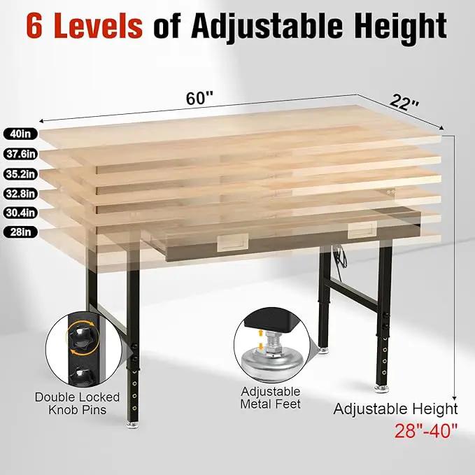 60" Workbench with Drawers, Work Benches for Garage with Strip Light, Adjustable Work Table with Large Pegboard, 2000 LBS Heavy Duty Table with Power Outlet Rubber Wood for Garage, Office by GreenHaven Gardens
